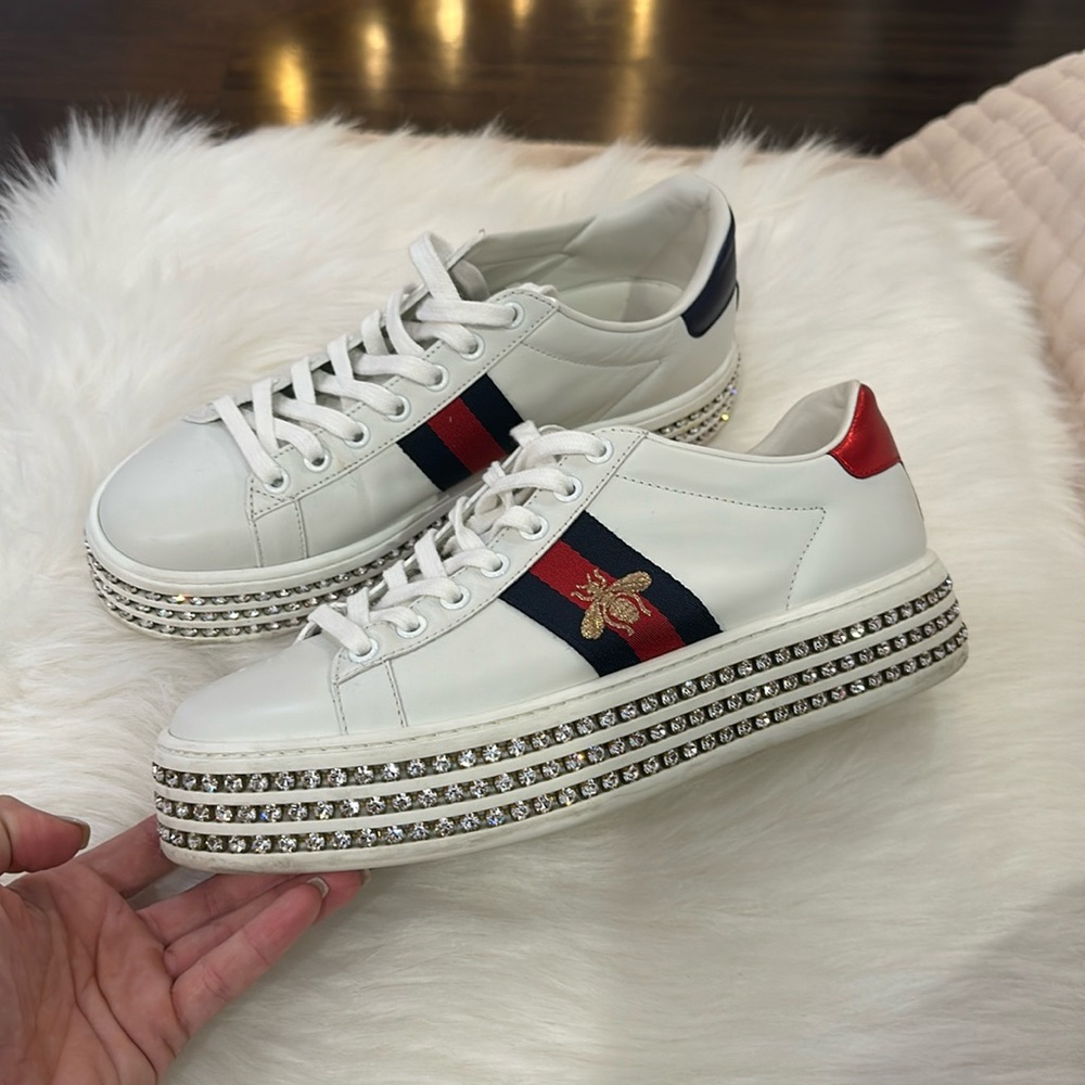 Gucci White Leather Platform Sneakers with Red & Blue Stripe and Bee